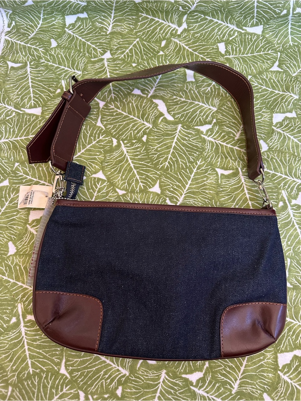 Bloomingdale's Navy Denim and Brown Leather Wristlet with Clear Tag